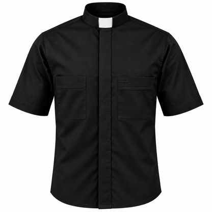 Black Poly/Cotton Rich Short Sleeve Tab Collar Shirt