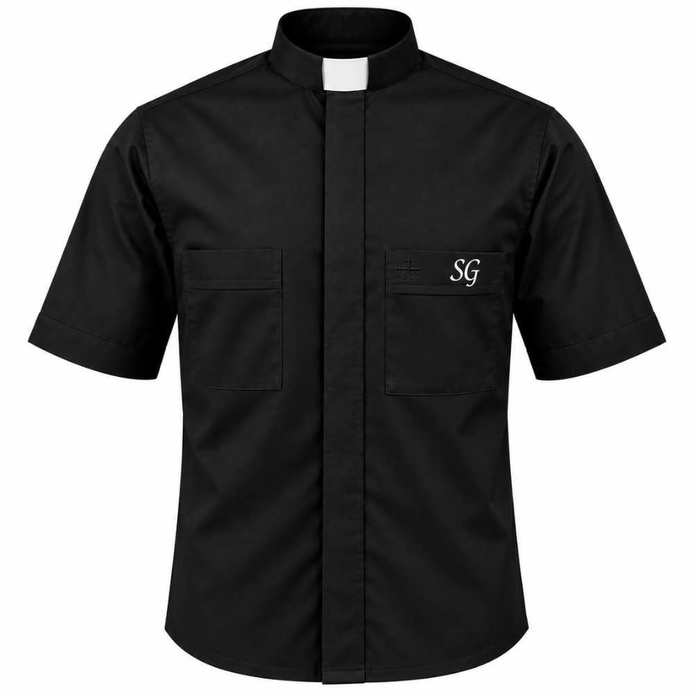 Black Poly/Cotton Rich Short Sleeve Tab Collar Shirt