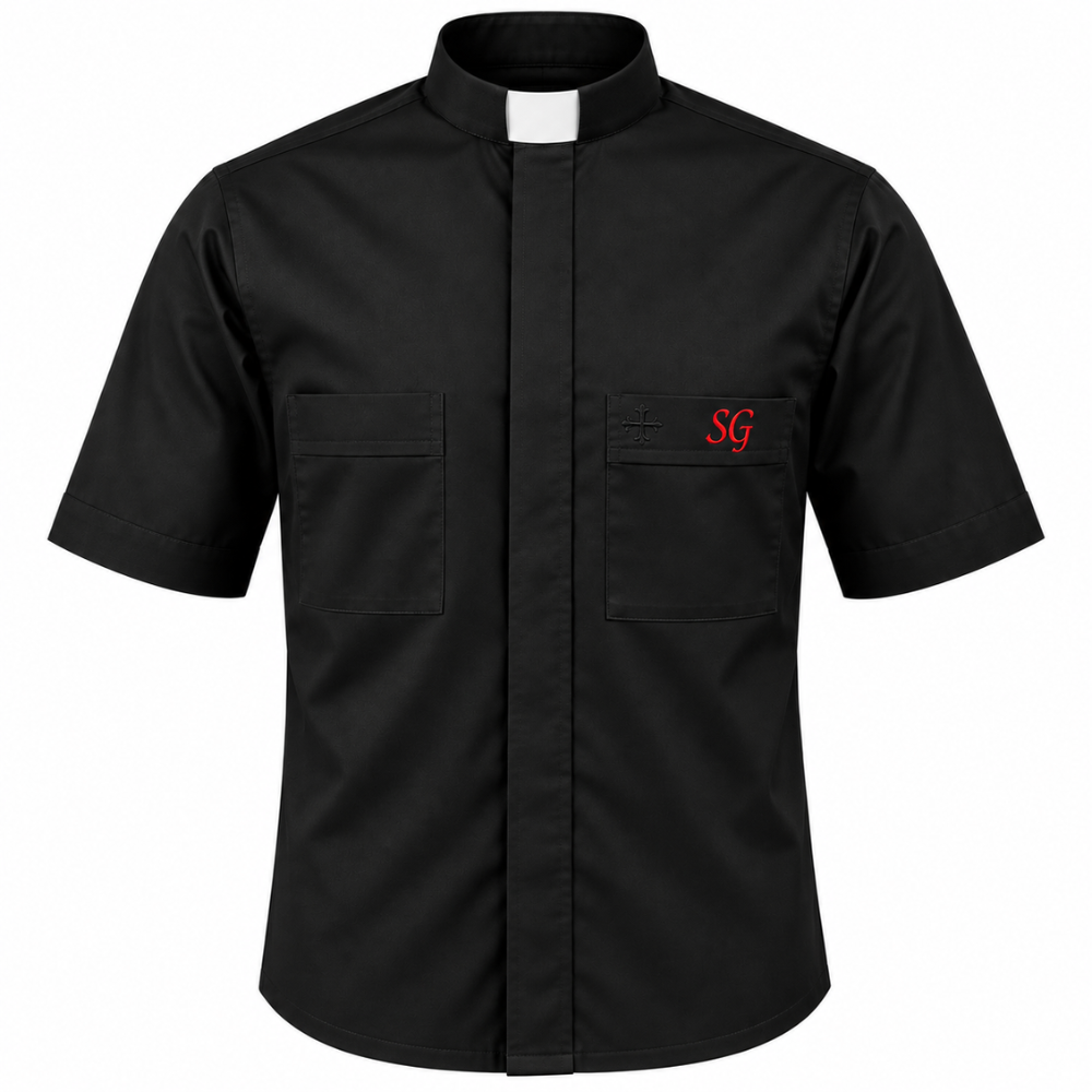 Black Poly/Cotton Rich Short Sleeve Tab Collar Shirt
