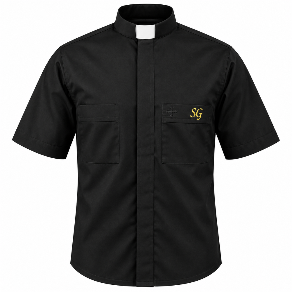 Black Poly/Cotton Rich Short Sleeve Tab Collar Shirt