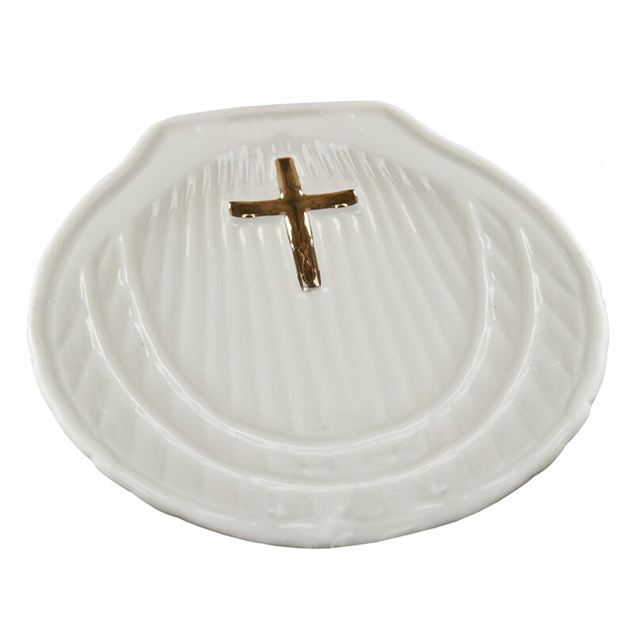 White Porcelain Baptismal Shell with Gold Cross