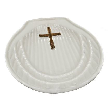 White Porcelain Baptismal Shell with Gold Cross