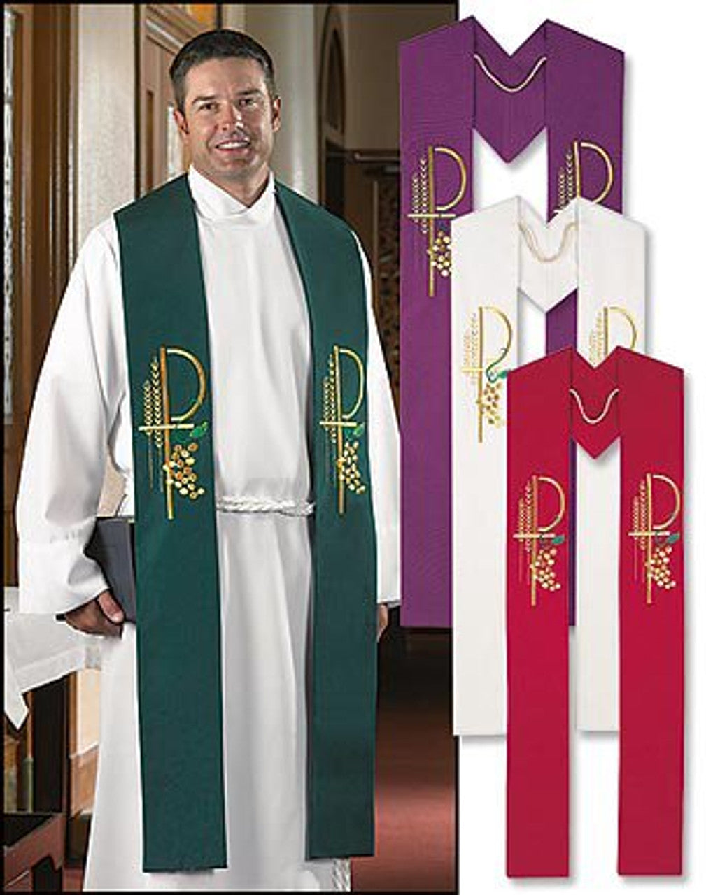 Embroidered clergy stoles in liturgical colours