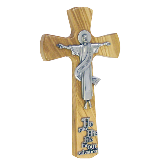 8" Olive Wood Risen Christ Crucifix with Antique Pewter