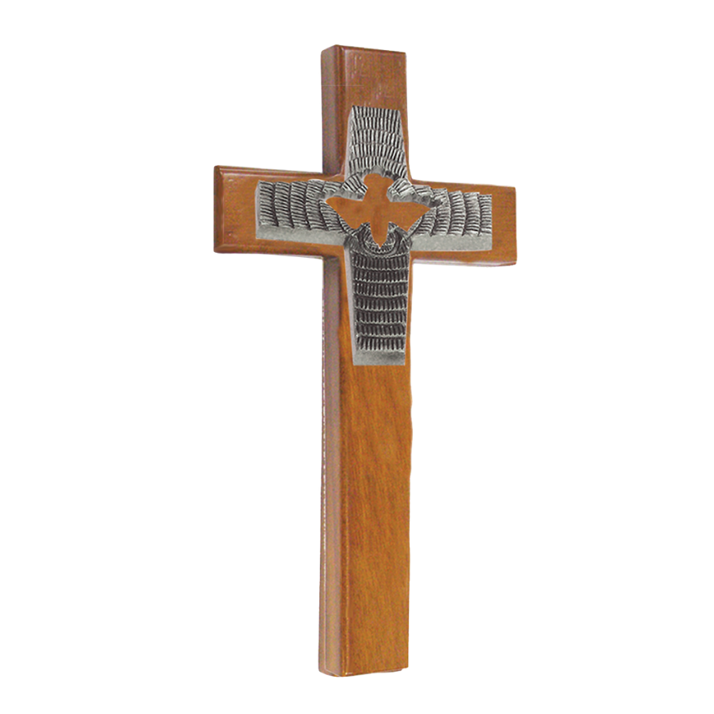 8" Confirmation Holy Spirit Oak Cross with Antique Silver Finish
