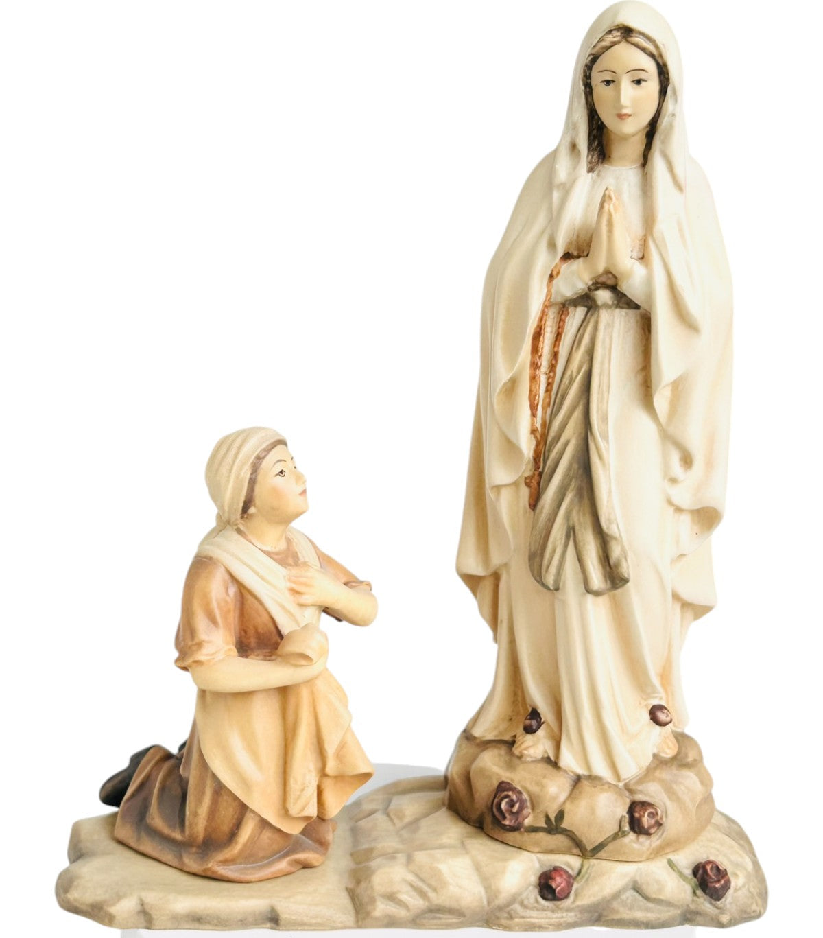 Statue Madonna of Lourdes with Bernadette in Val Gardena Wood