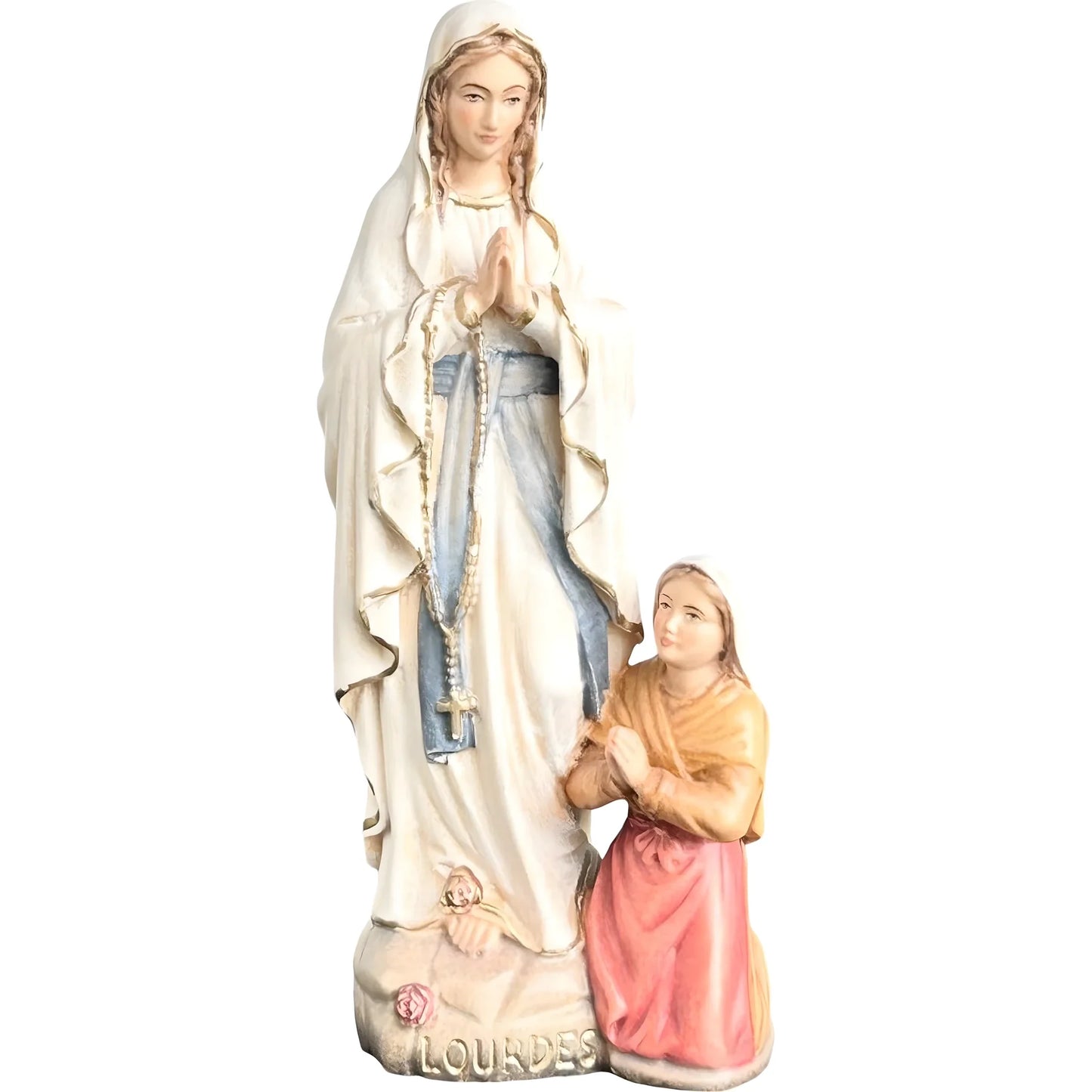 Our Lady of Lourdes with Saint Bernadette Carved in Val Gardena Wood