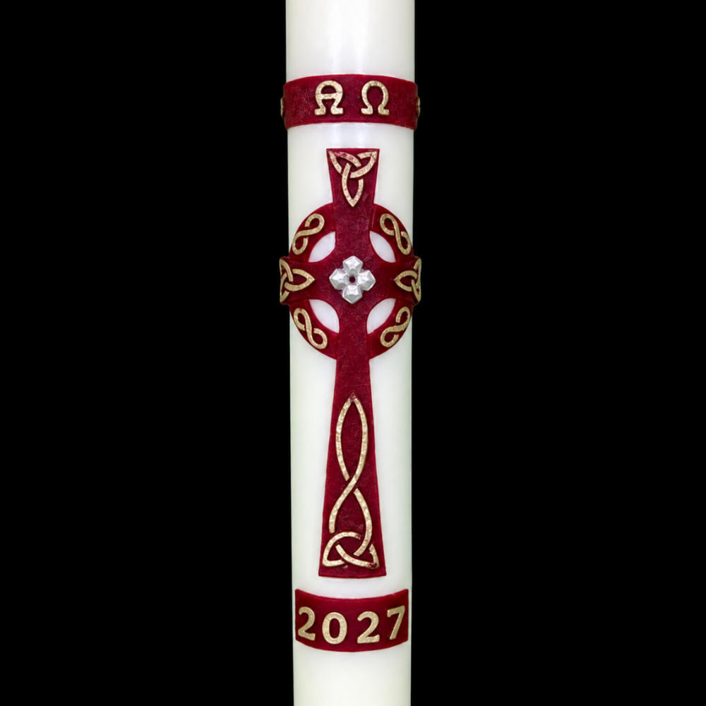 51% Beeswax Red Ornate Celtic Cross Paschal Candle