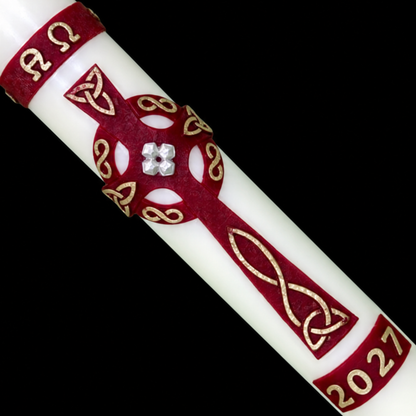 51% Beeswax Red Ornate Celtic Cross Paschal Candle