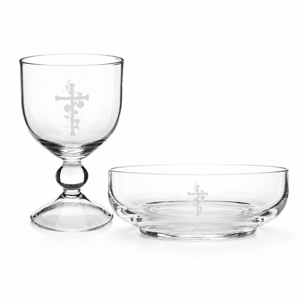Engraved Cross Glass Chalice & Bowl Set