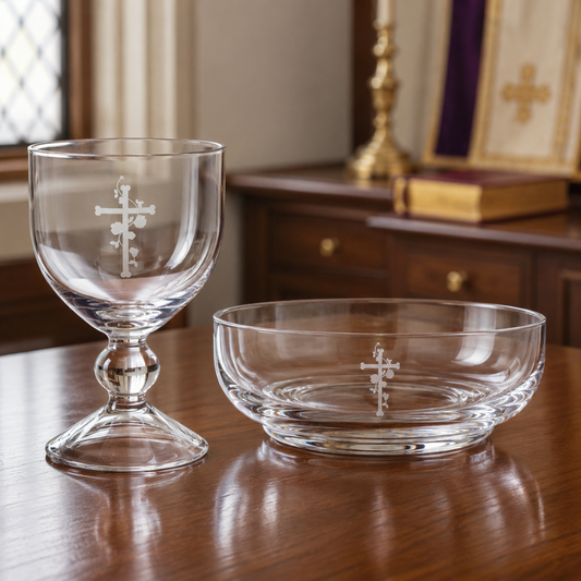 Engraved Cross Glass Chalice & Bowl Set