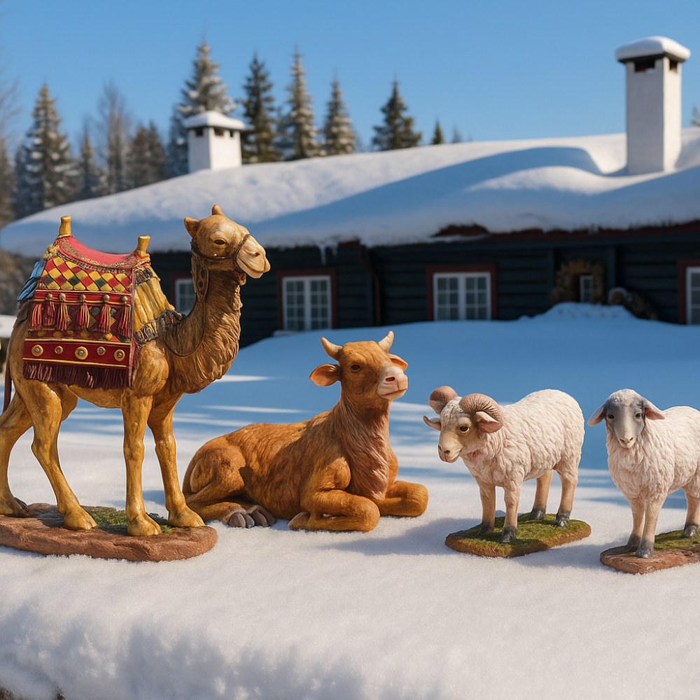 Outdoor Standing Camel, Cow, Two Sheep