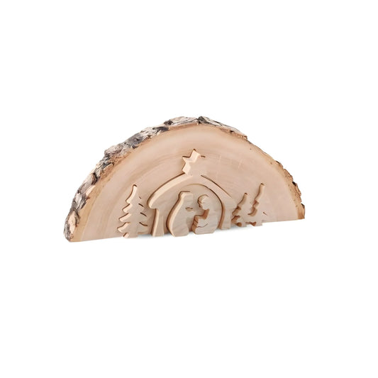 Val Gardena 3D Nativity Scene: Stylized Holy Family with Natural Bark