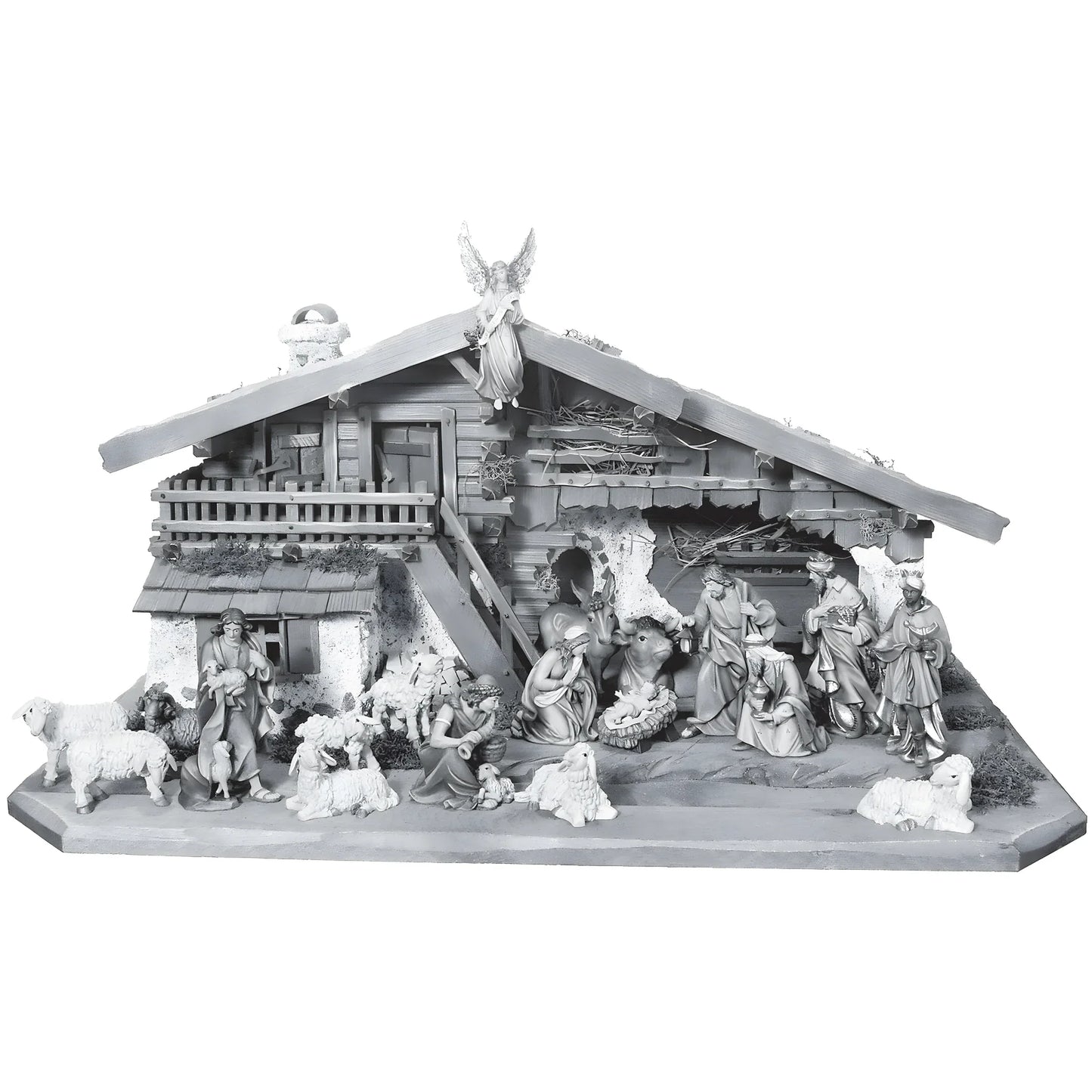 Hand-painted 16pc Complete Nativity Scene with Stable