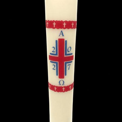 Red Cross with Alpha Omega Paschal Candle