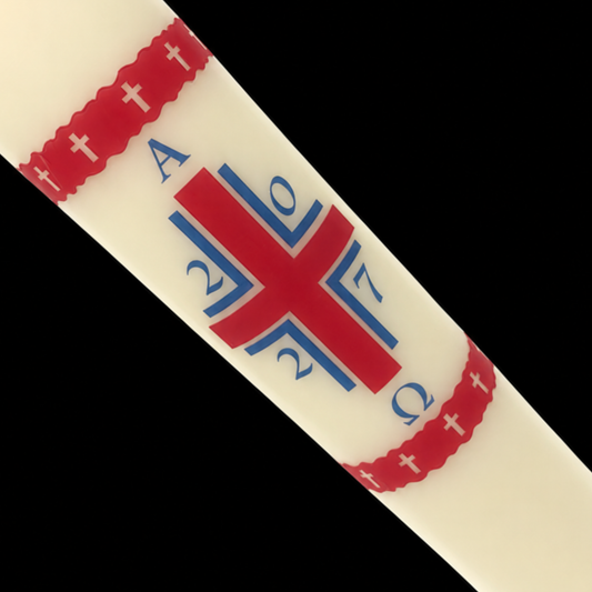 Red Cross with Alpha Omega Paschal Candle