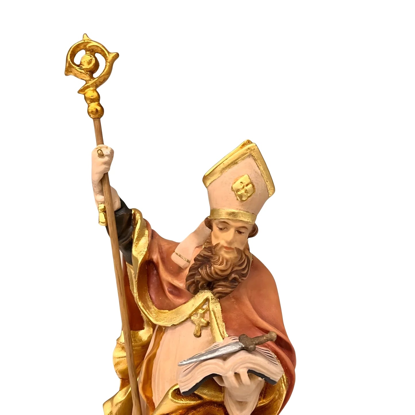 Saint Boniface Bishop with Crozier and Book, Wood Carving from Val Gardena