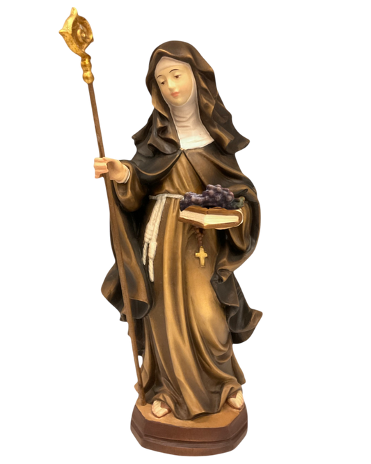 St. Scholastica in Wood with Rose Bouquet - Painted Val Gardena Sculpture