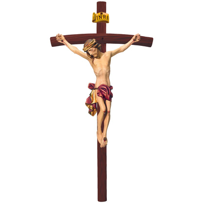 Crucified Christ Sculpture on Curved Cross Made of Val Gardena Wood