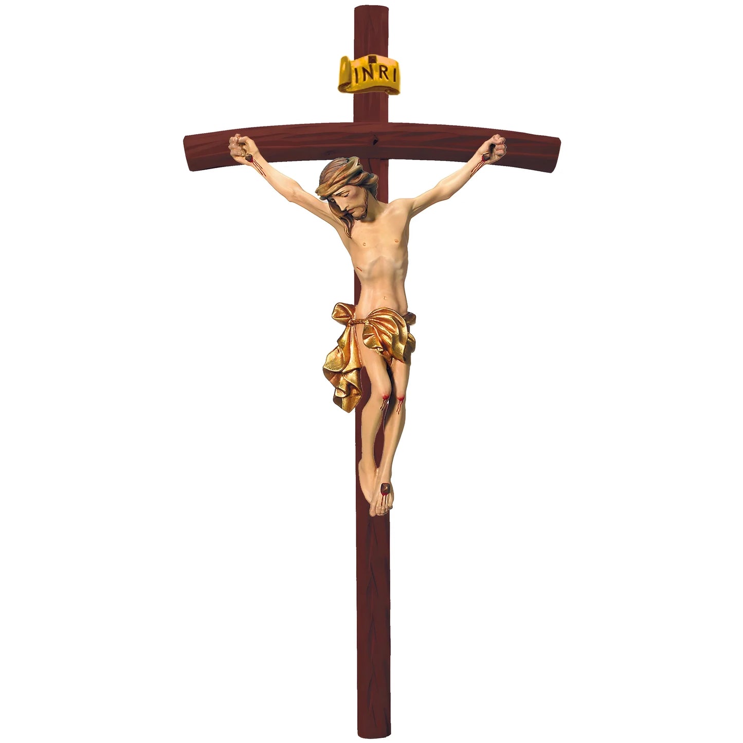 Crucified Christ Sculpture on Curved Cross Made of Val Gardena Wood