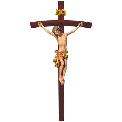 Crucified Christ Sculpture on Curved Cross Made of Val Gardena Wood