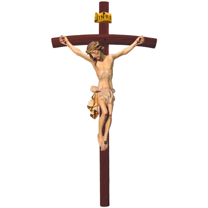 Crucified Christ Sculpture on Curved Cross Made of Val Gardena Wood
