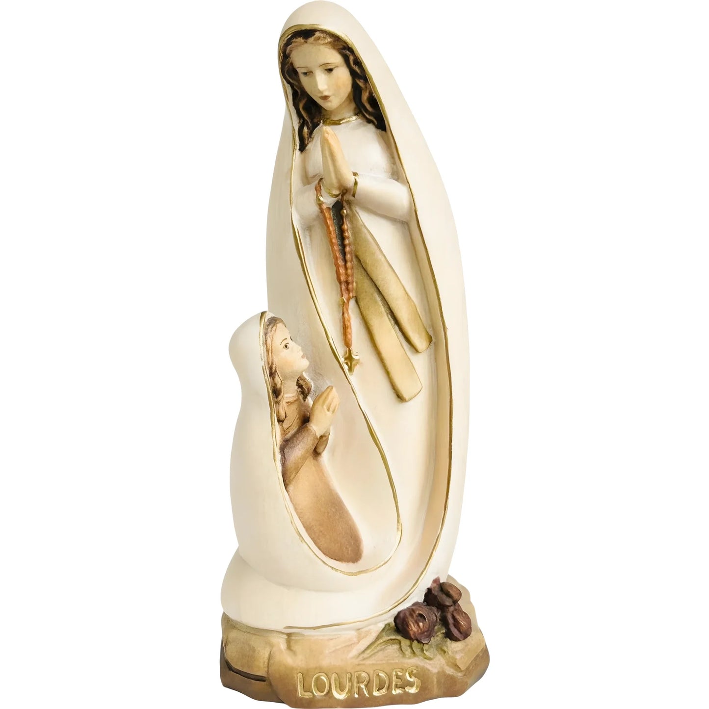 Lourdes Madonna Sculpture with Bernadette in Hand-Carved Val Gardena Wood