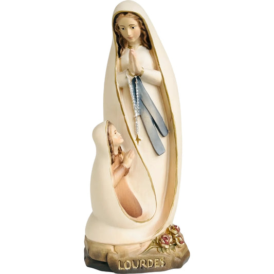 Lourdes Madonna Sculpture with Bernadette in Hand-Carved Val Gardena Wood