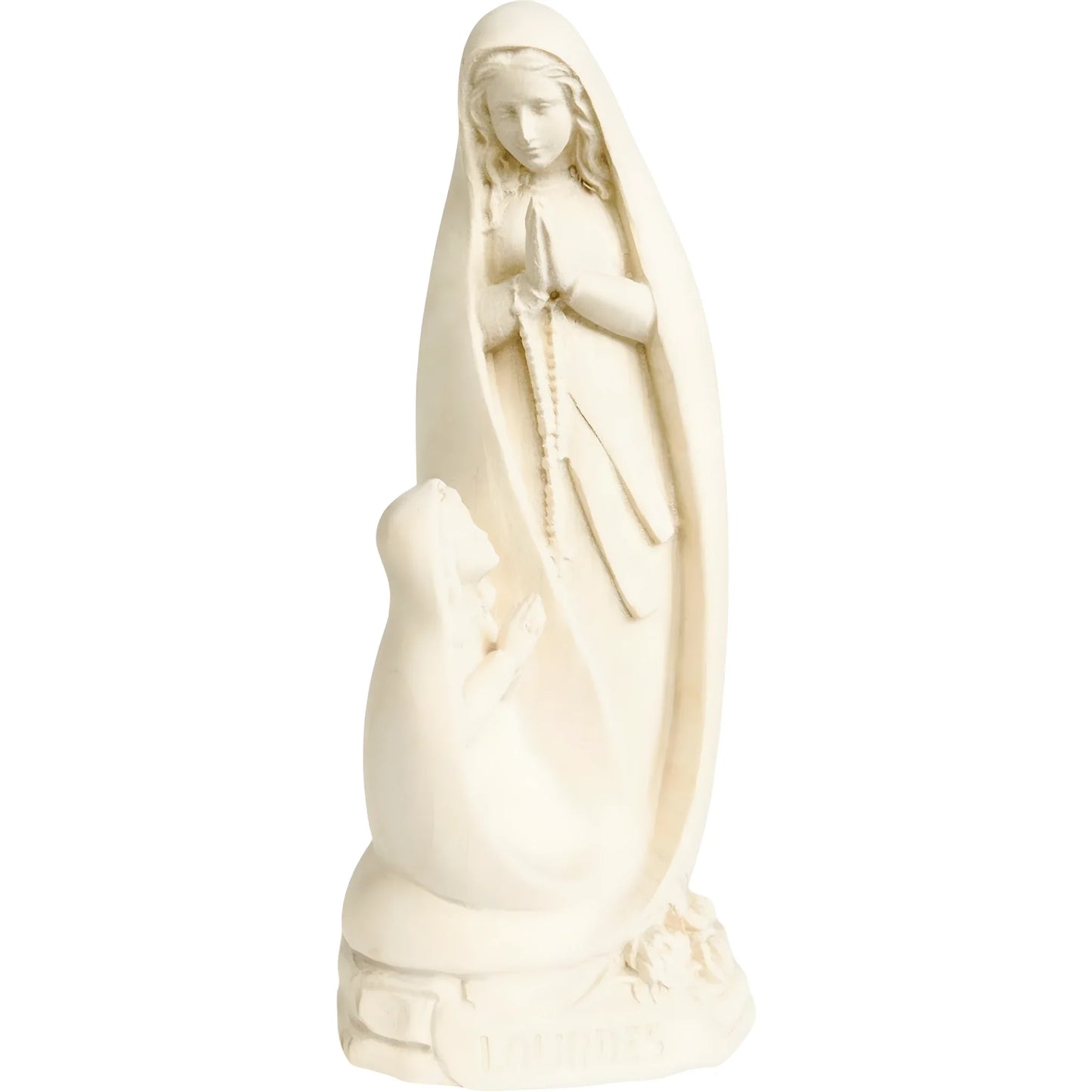 Lourdes Madonna Sculpture with Bernadette in Hand-Carved Val Gardena Wood