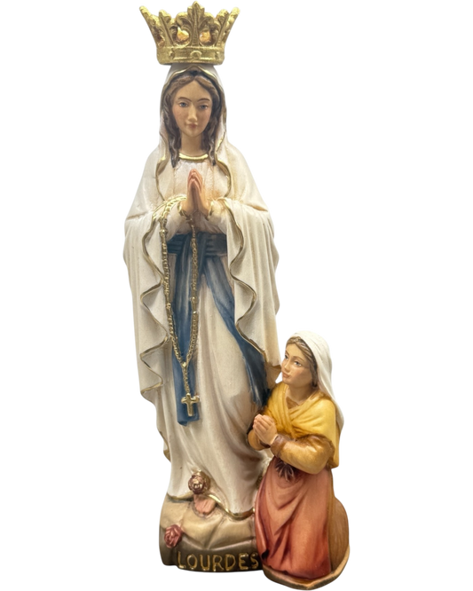 Sculpture Our Lady of Lourdes and Bernadette in Val Gardena Wood