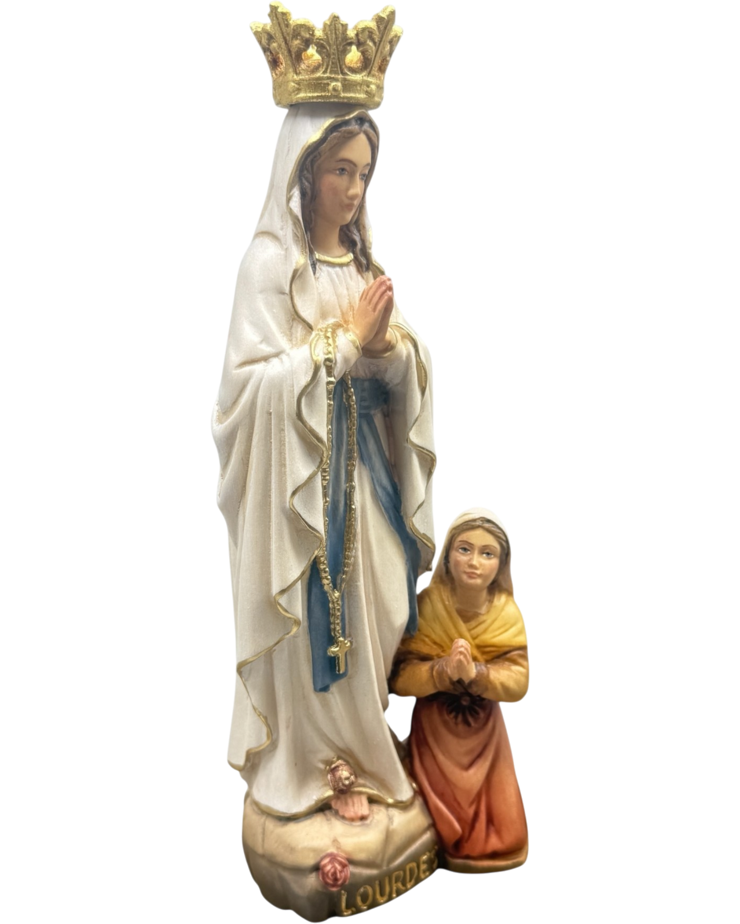 Sculpture Our Lady of Lourdes and Bernadette in Val Gardena Wood
