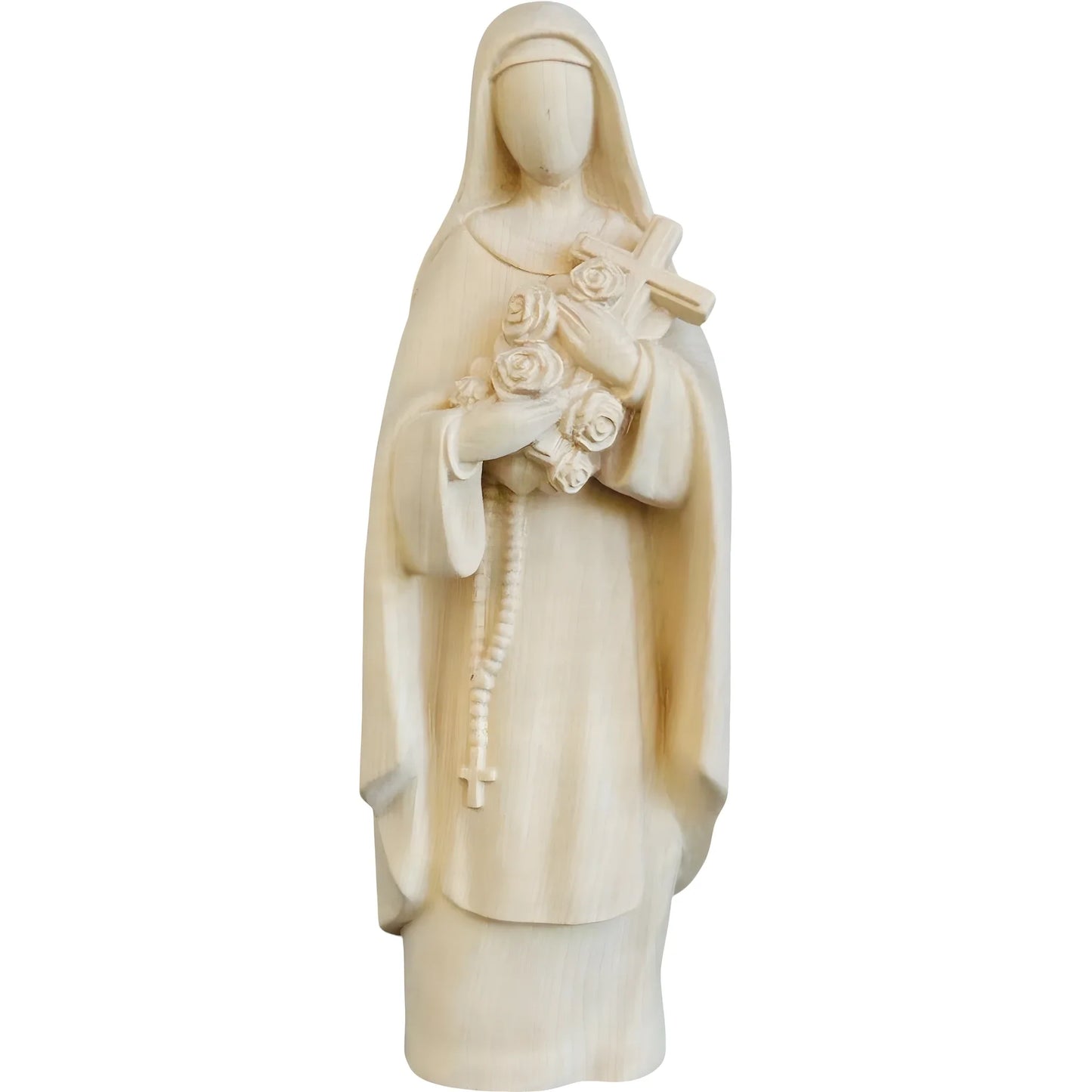 Sculpture of Saint Therese of Lisieux with Roses, Carved Wood Val Gardena