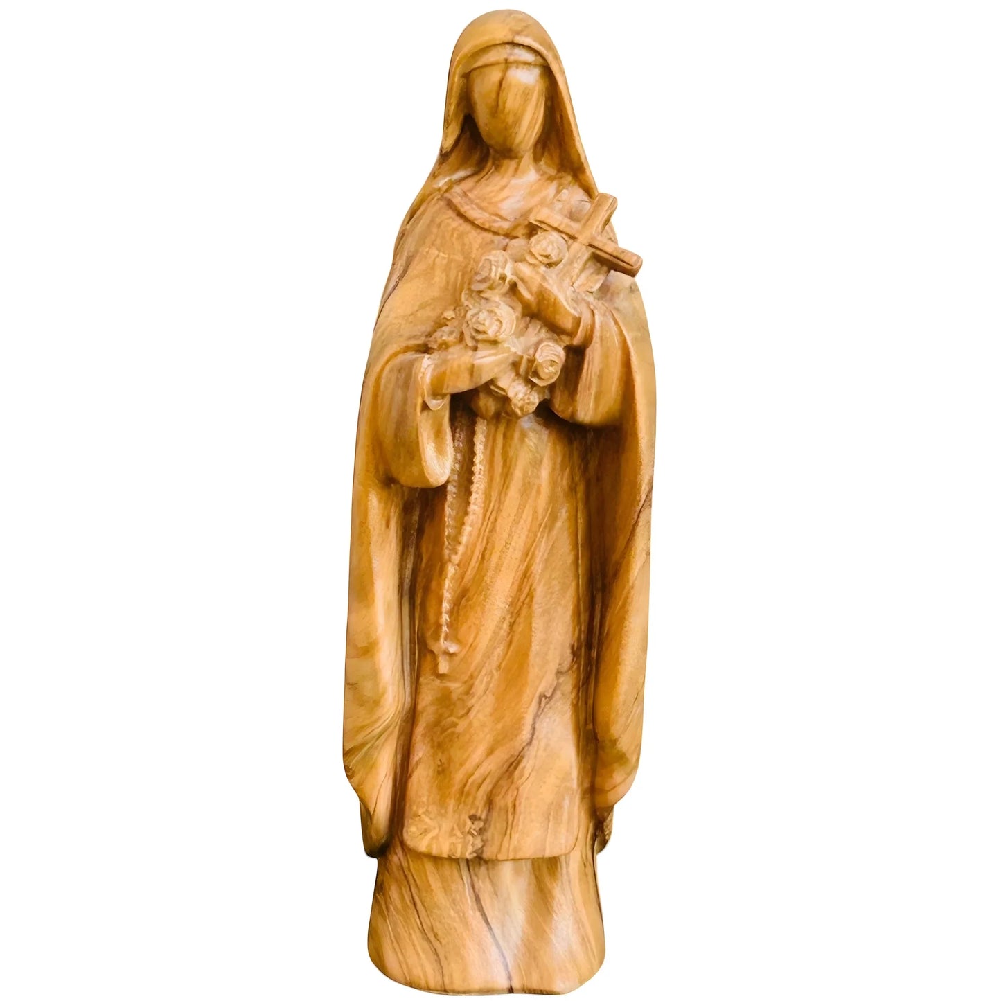Sculpture of Saint Therese of Lisieux with Roses, Carved Wood Val Gardena