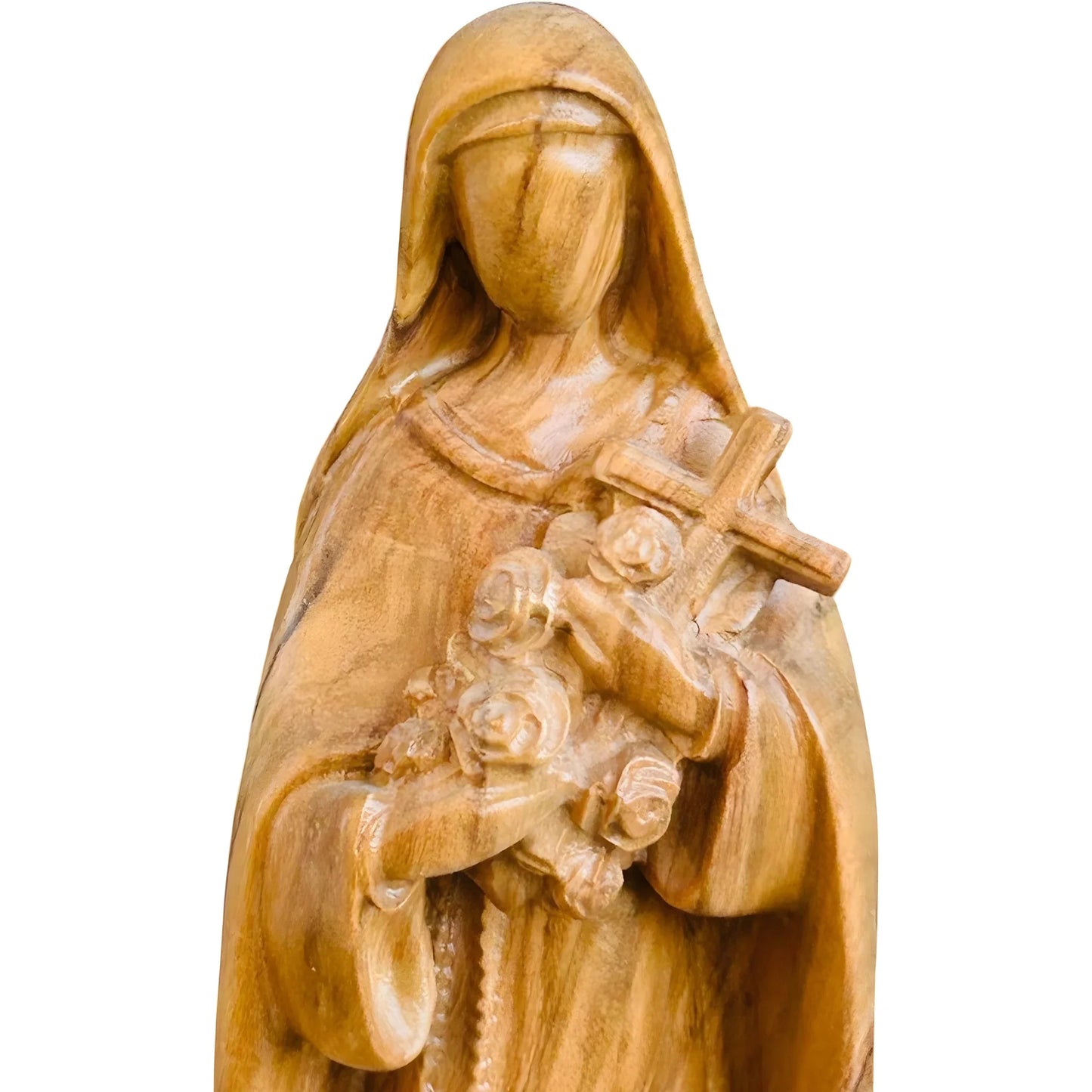 Sculpture of Saint Therese of Lisieux with Roses, Carved Wood Val Gardena