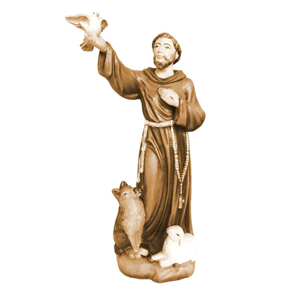 Wooden Sculpture of Saint Francis of Assisi with Wolf, Lamb, and Dove