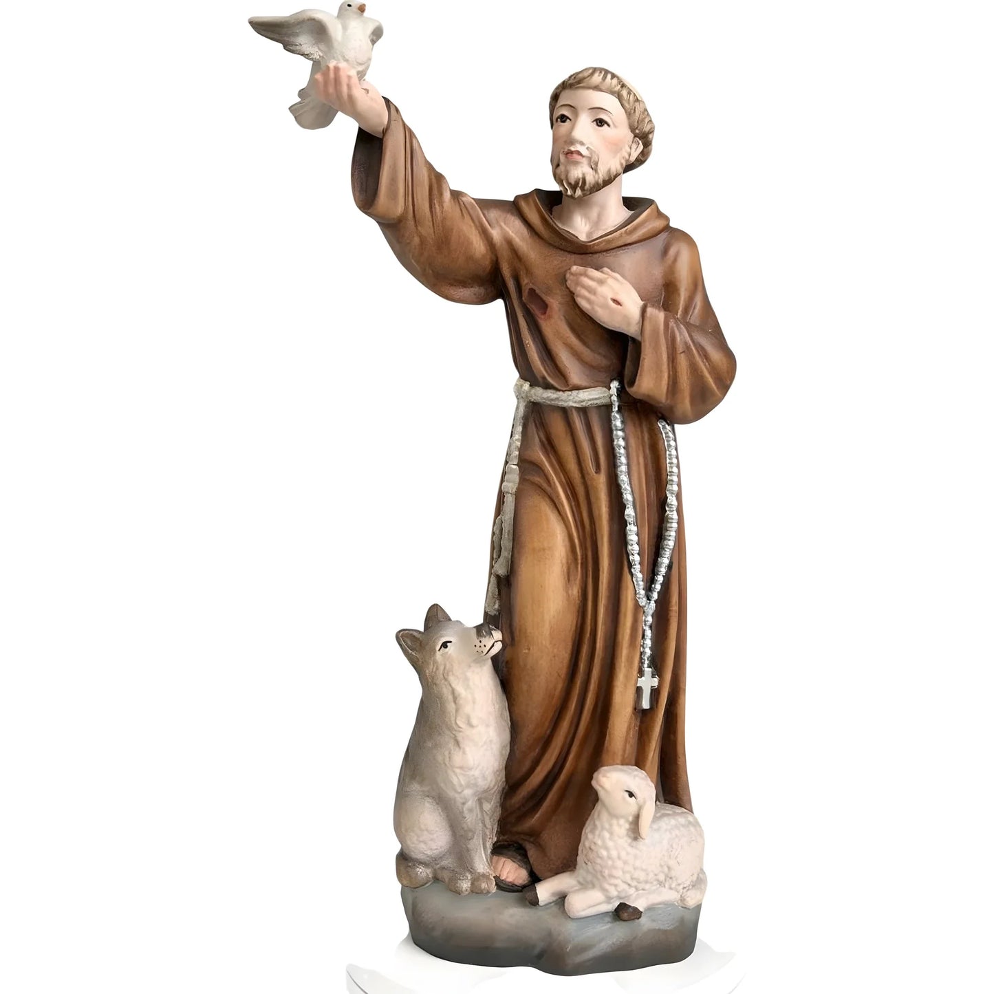 Wooden Sculpture of Saint Francis of Assisi with Wolf, Lamb, and Dove