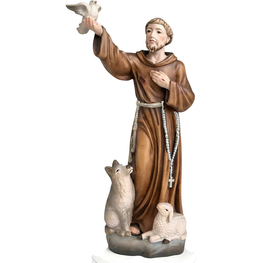 Wooden Sculpture of Saint Francis of Assisi with Wolf, Lamb, and Dove