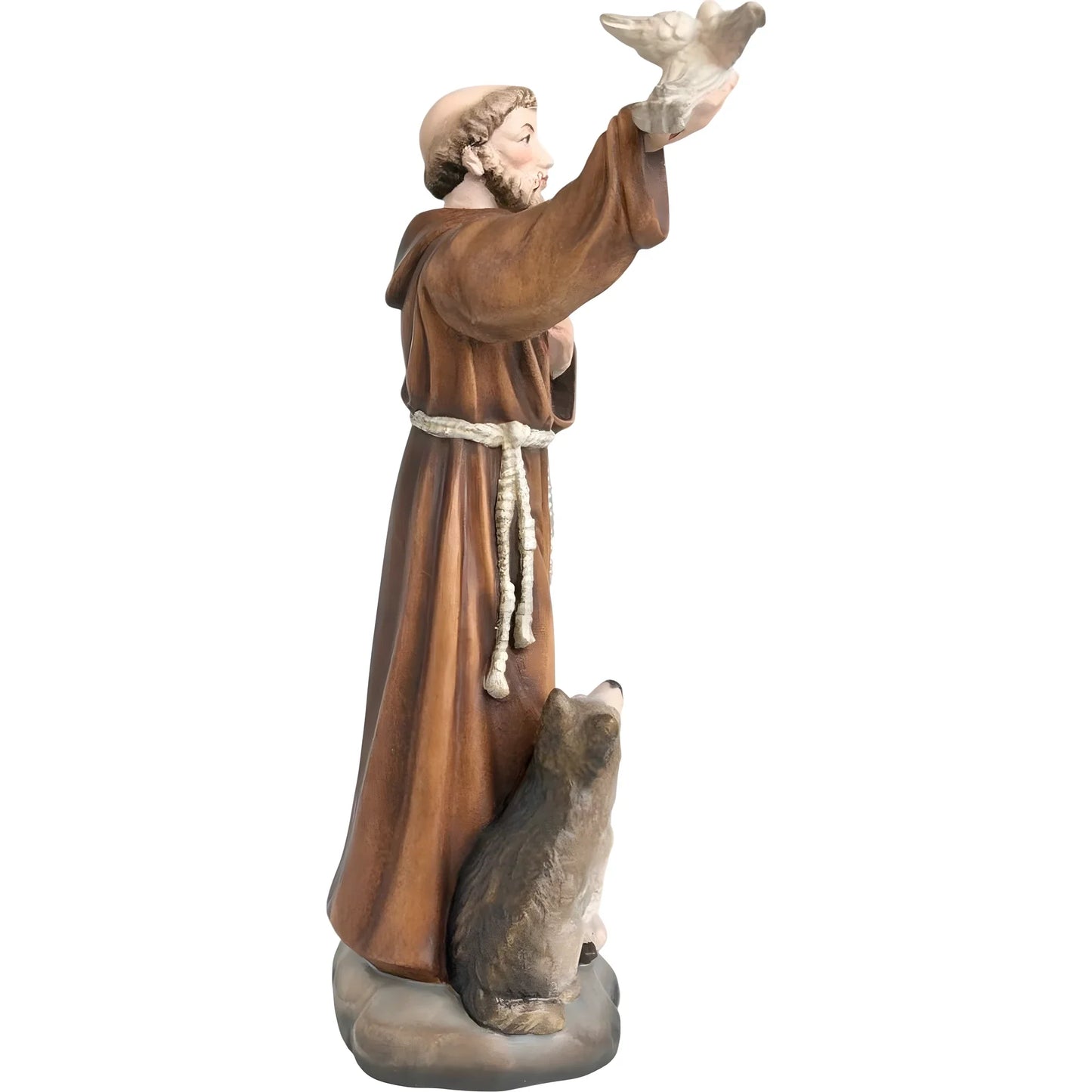 Wooden Sculpture of Saint Francis of Assisi with Wolf, Lamb, and Dove