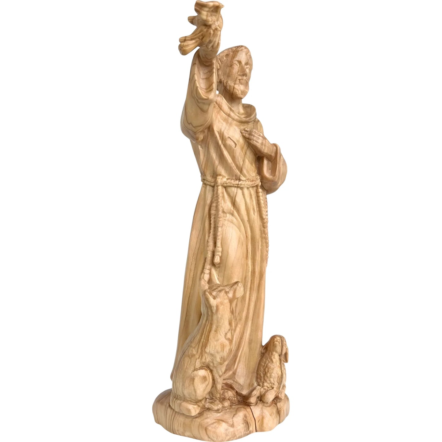 Wooden Sculpture of Saint Francis of Assisi with Wolf, Lamb, and Dove