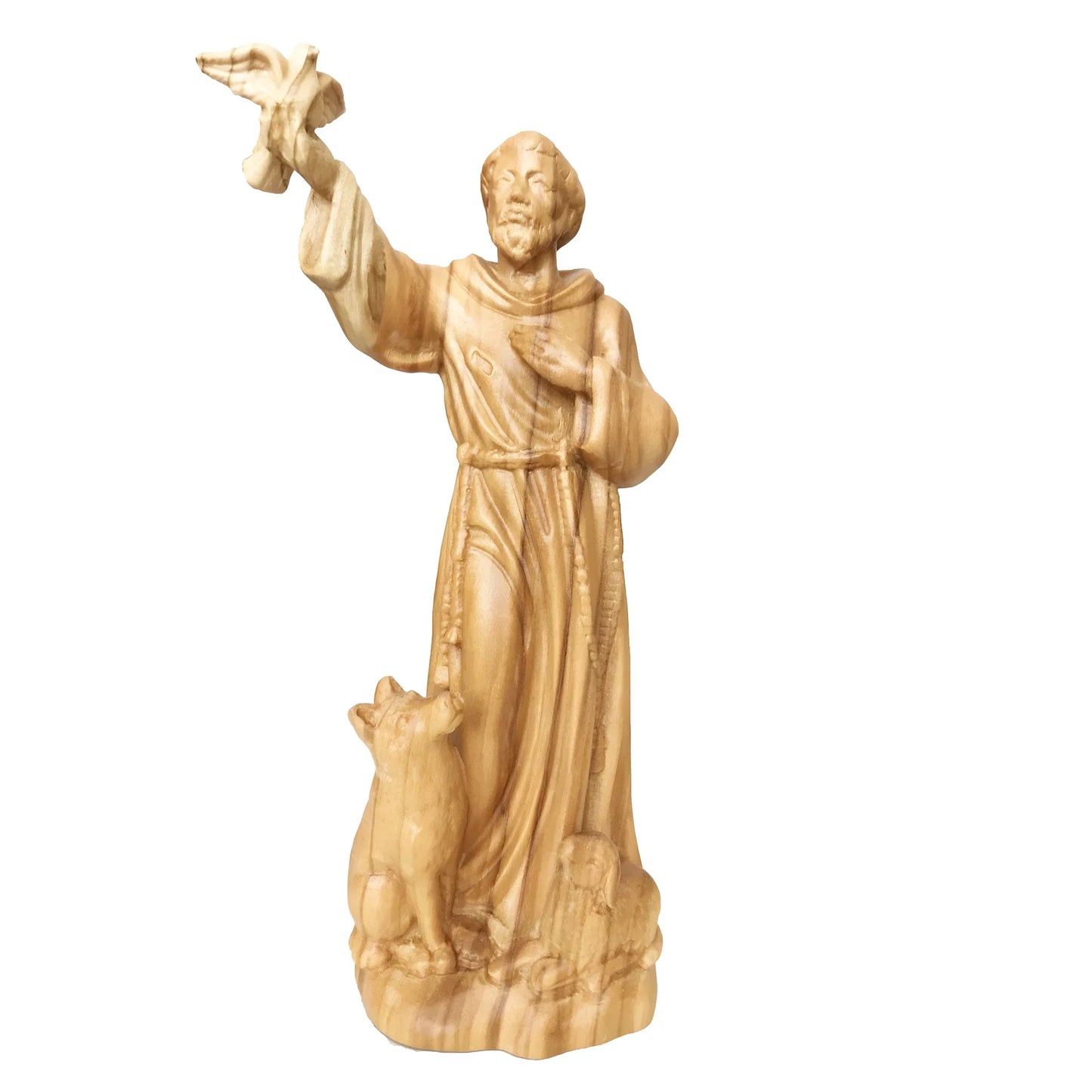 Wooden Sculpture of Saint Francis of Assisi with Wolf, Lamb, and Dove