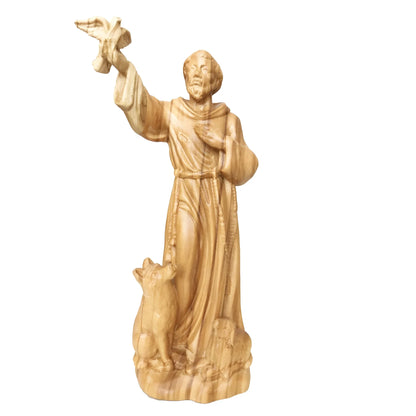 Wooden Sculpture of Saint Francis of Assisi with Wolf, Lamb, and Dove