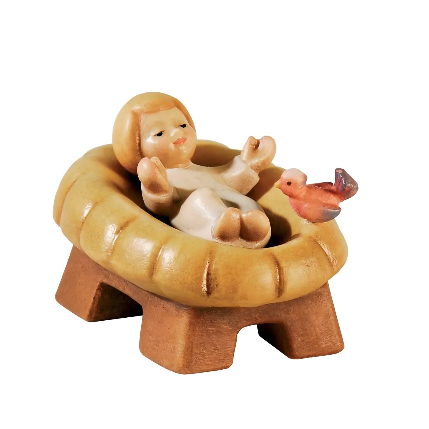 Baby Jesus in Cradle with Bird Statue - Maple Wood
