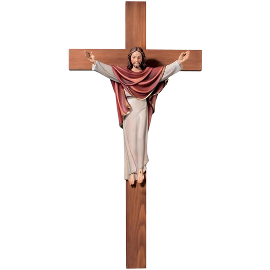 Risen Christ the King Statue on Cross – Handcrafted Wood Sculpture Val Gardena