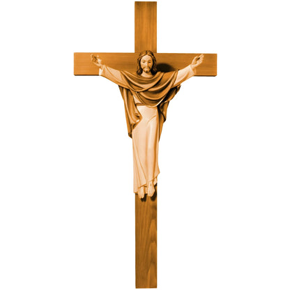 Risen Christ the King Statue on Cross – Handcrafted Wood Sculpture Val Gardena