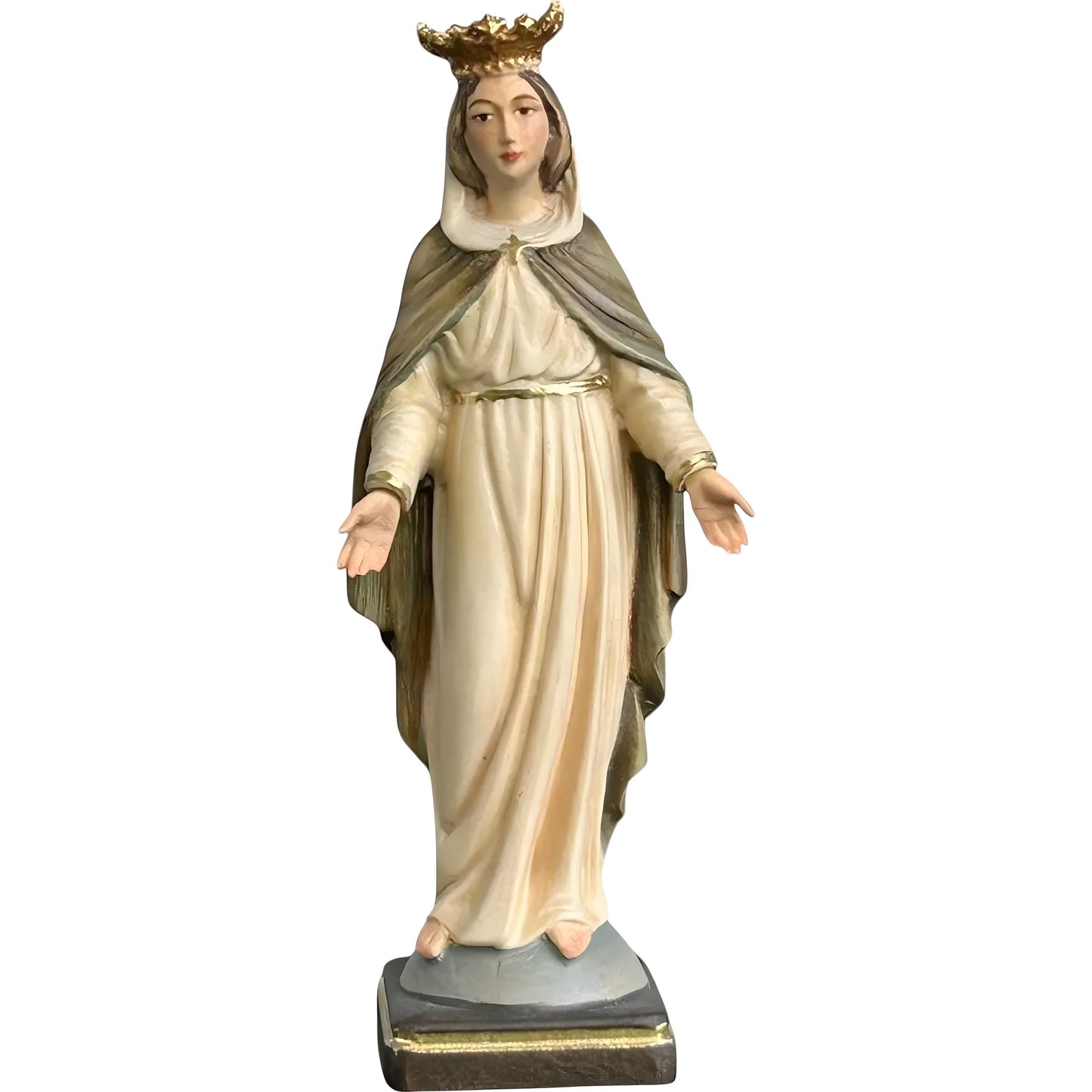 Statue Madonna with Crown and Welcoming Gesture, Val Gardena Wood Sculpture
