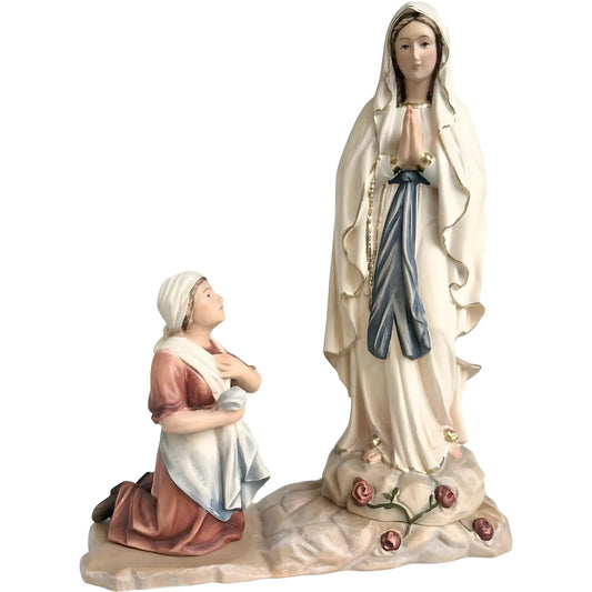 Statue Madonna of Lourdes with Bernadette in Val Gardena Wood