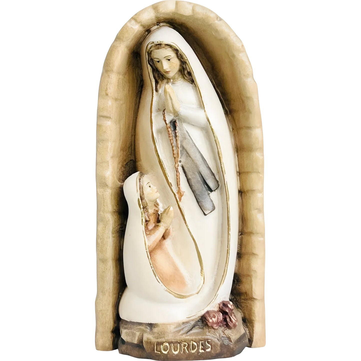 Lourdes Grotto Madonna Statue with Saint Bernadette | Val Gardena Wood Carving