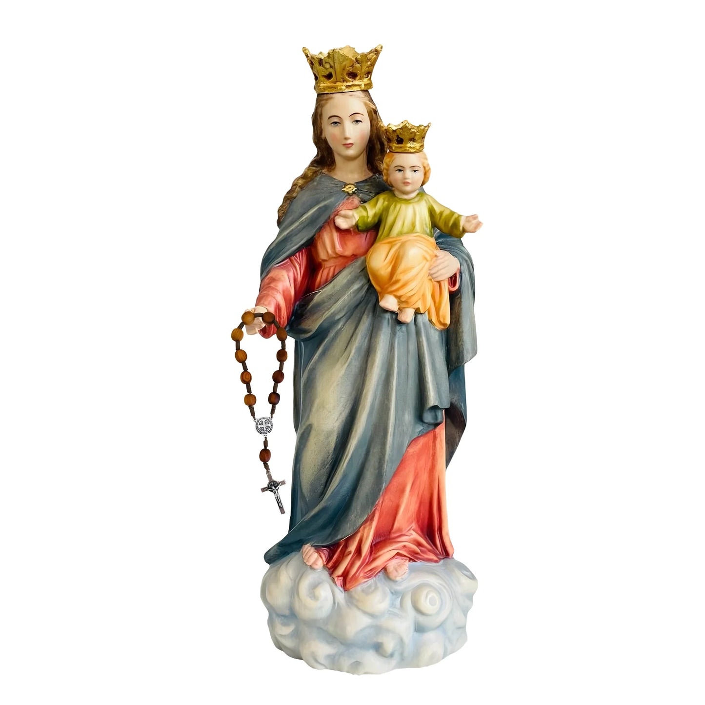 Our Lady of the Rosary with Child Statue Val Gardena Wood