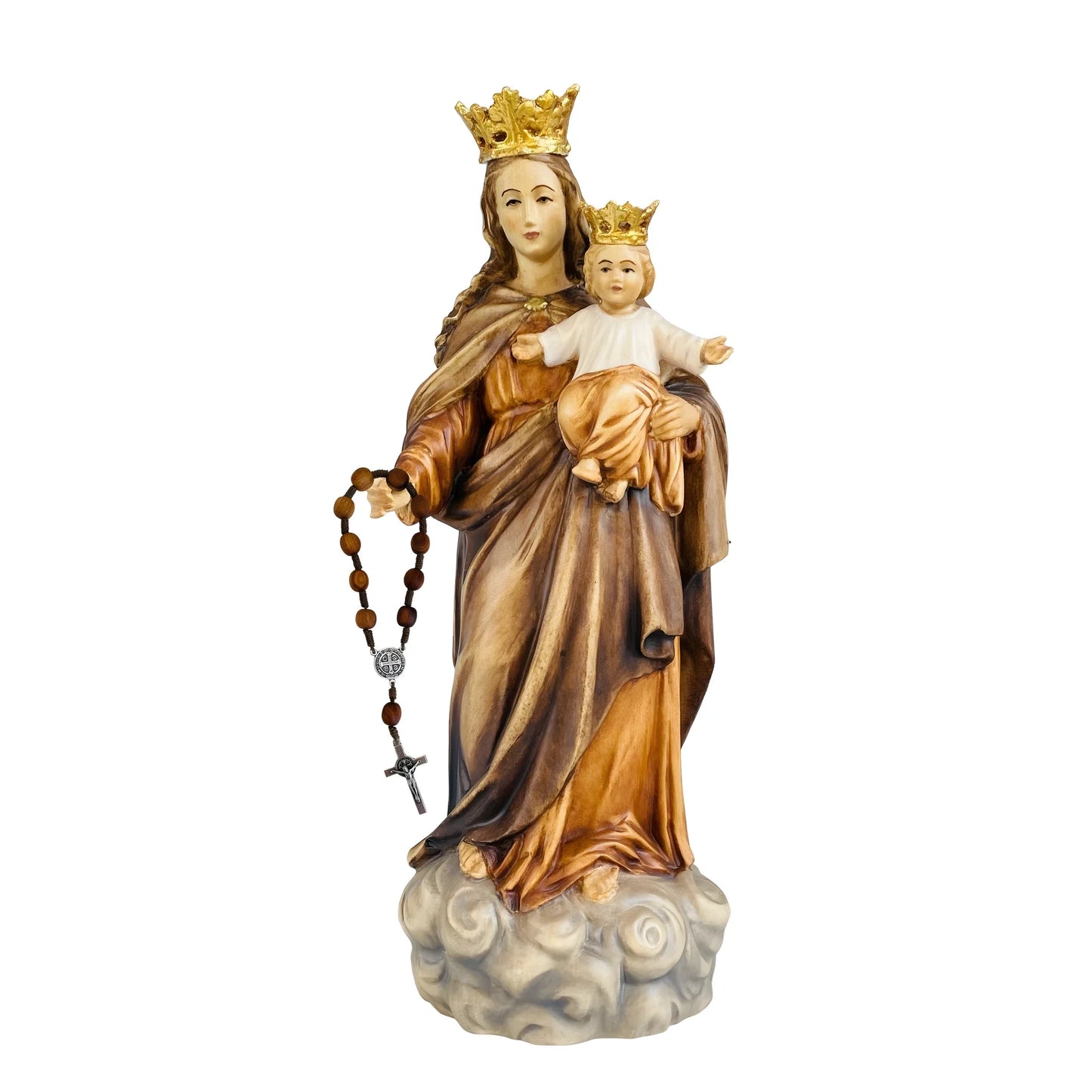 Our Lady of the Rosary with Child Statue Val Gardena Wood
