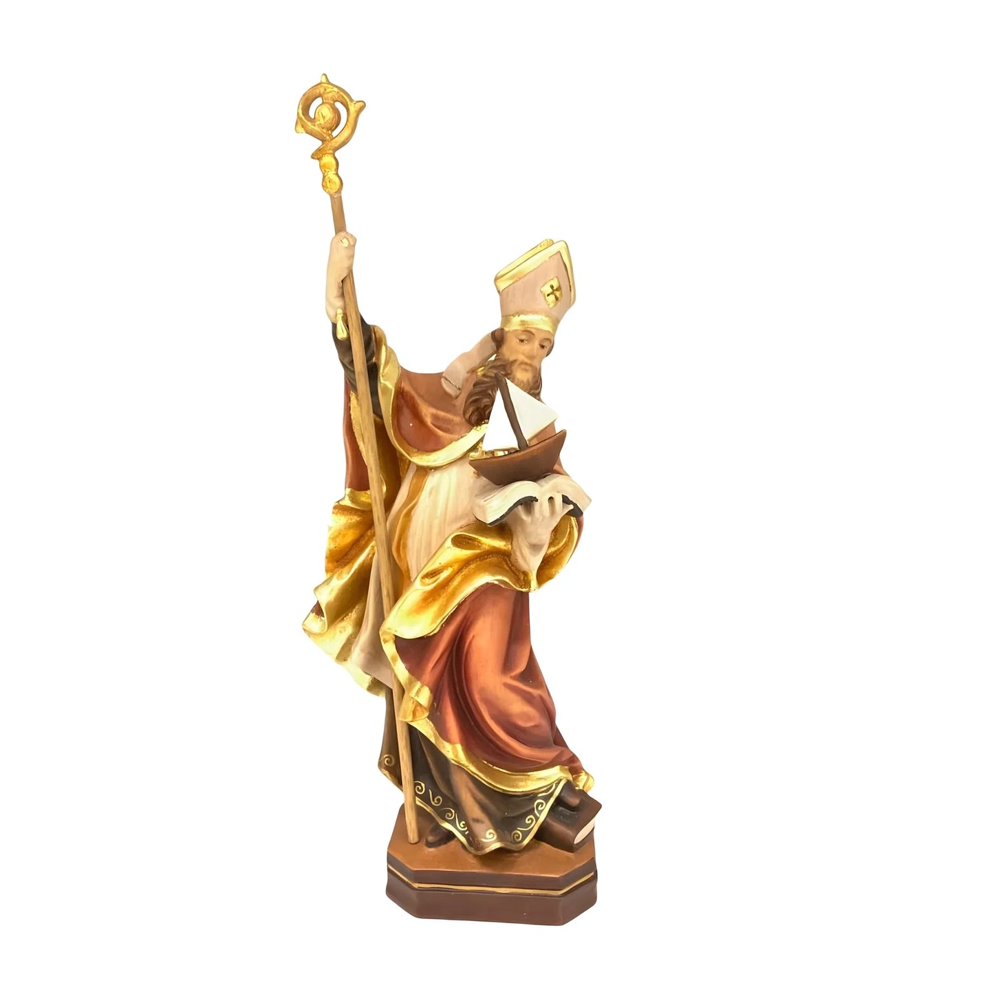 Statue of Saint Anselm Bishop with Crozier and Boat – Carved and Painted